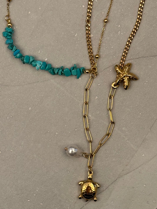 NECKLACE CHAIN 2 LAYERS WITH MARINE CHARMS AND TURQUOISE CHIPS 1 PC