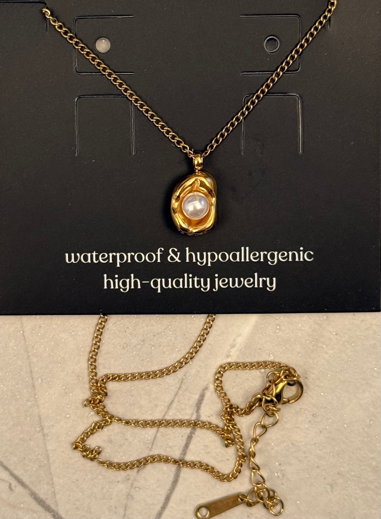 NECKLACE CHAIN DELICATE WITH GOLD NUGGET PENDANT AND PEARL 1 PC