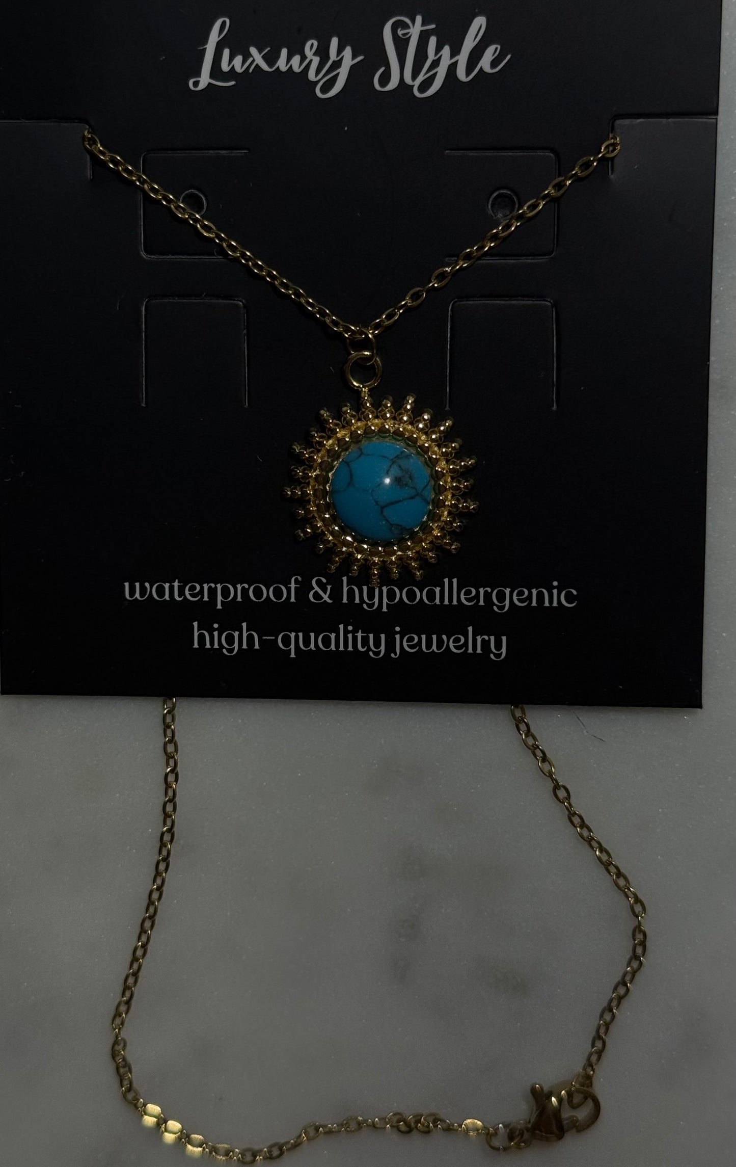 NECKLACE CHAIN 17 " 18KT GP  SUN PENDANT WITH TURQUOISE CENTER 1 PC