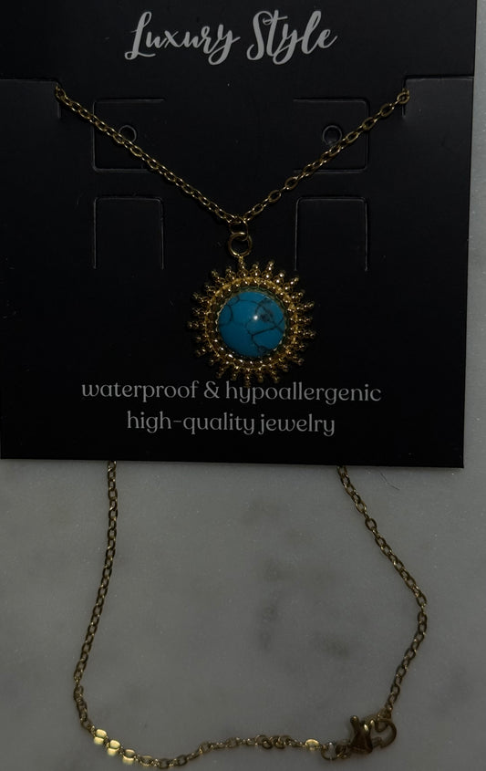 NECKLACE CHAIN 17 " 18KT GP  SUN PENDANT WITH TURQUOISE CENTER 1 PC
