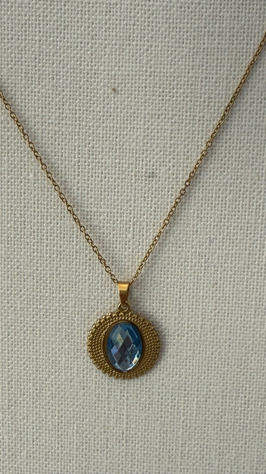 NECKLACE CHAIN WITH OVAL PENDANT AQUA ZIRCONIA 1 PC