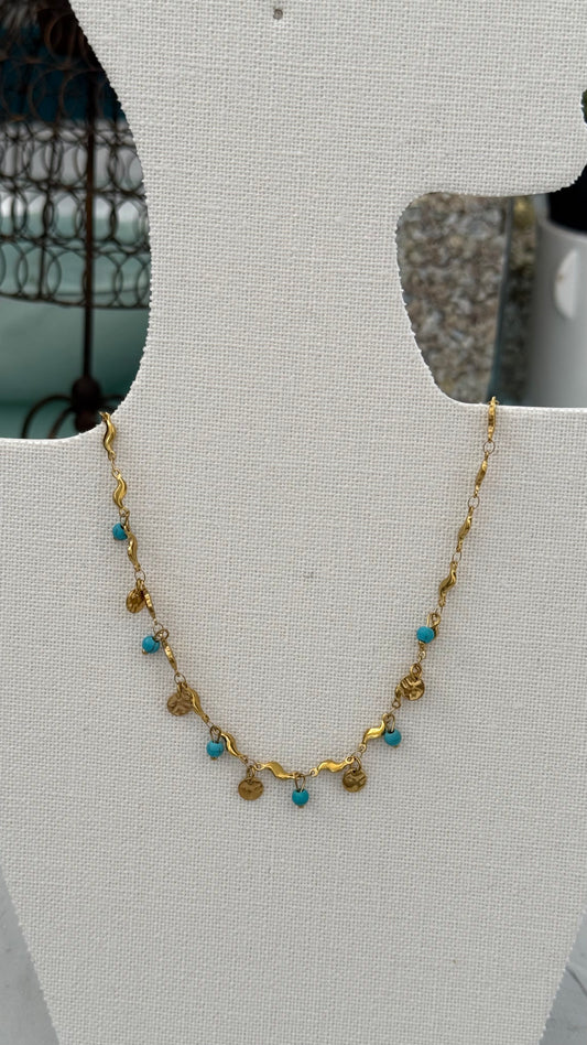 NECKLACE CHAIN WITH TURQUOISE CHARMS AND GOLD DISKS 1 PC