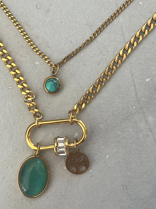 NECKLACE CHAIN  GP 18KT 2 LAYERS CHARMS WITH GREEN CUBIC ZIRCONIA