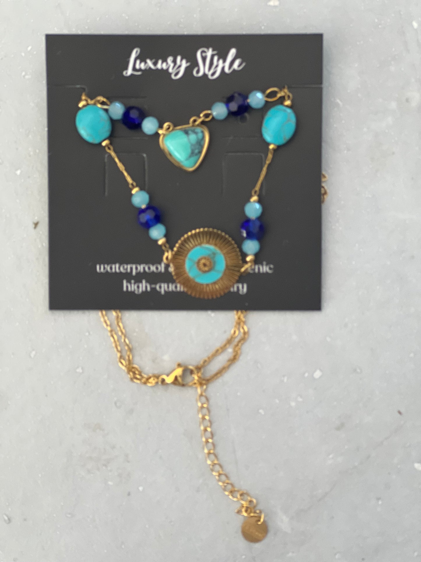 NECKLACE CHAIN  2 LAYERS WITH CRYSTAL BEADS & TURQUOISE PENDANTS