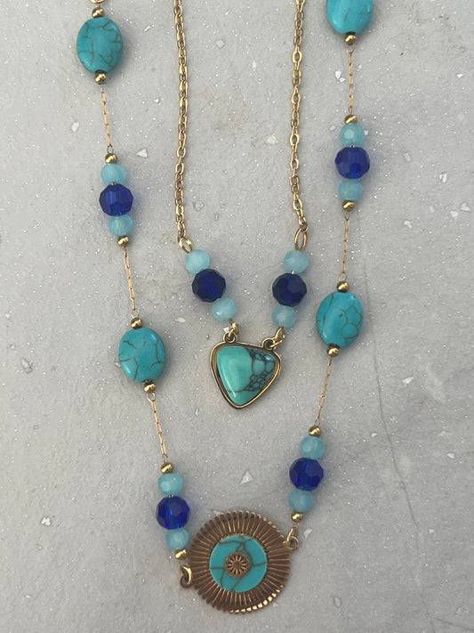 NECKLACE CHAIN  2 LAYERS WITH CRYSTAL BEADS & TURQUOISE PENDANTS