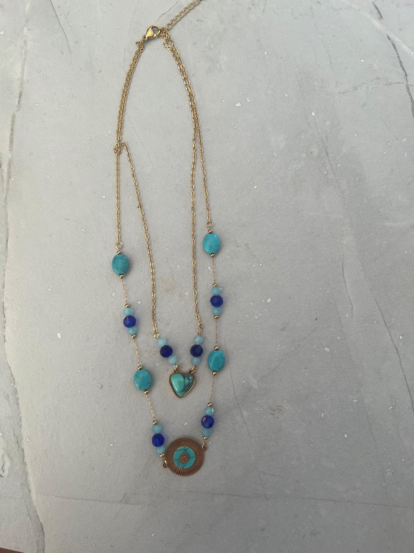 NECKLACE CHAIN  2 LAYERS WITH CRYSTAL BEADS & TURQUOISE PENDANTS