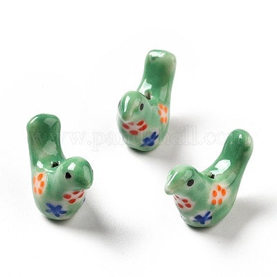 BIRD PORCELAIN 12X17MM GREEN WITH FLOWERS 2 pc