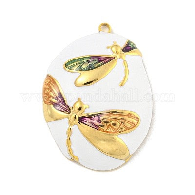 PENDANT OVAL WITH ENAMEL DRAGONFLY STAINLESS STEEL GOLD PLATE 18KT 1PC