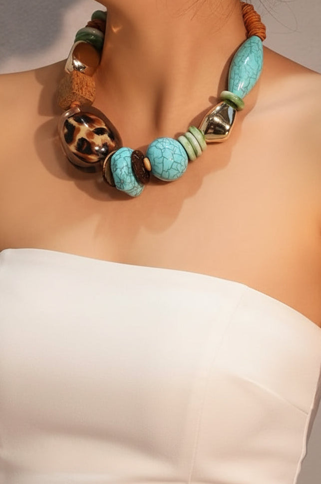 BOHEMAN STYLE NECKLACE LEOPARD LARGE BEADS 1 PC