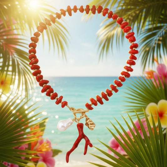 NECKLACE  RED CORAL ACRYLIC BEADS, GOLD SPACERS AND PEARL 17 INCHES  1 PC