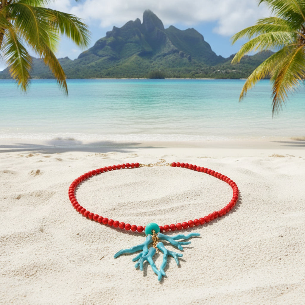 NECKLACE RED 8MM BEADS AND FAUX TURQUOISE CORAL BRANCHES