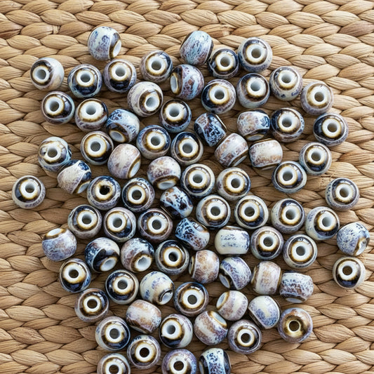 CERAMIC BEAD 10MM  BLUE MAHOGANY DESIGN LARGE HOLE 10 PC