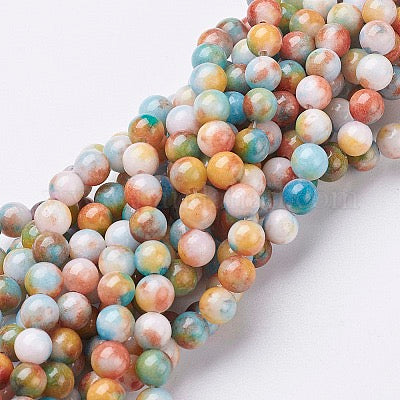 WHITE JADE 6MM ROUND MIXED MARBLED COLORS ABOUT 69 BEADS PER 1 STRAND