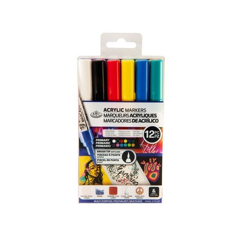ACRYLIC MARKERS SET PRIMARY COLORS BRUSH TIP 12 PC