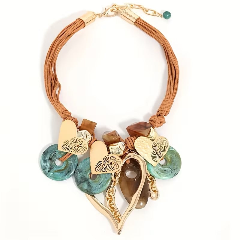 BOHEMIAN NECKLACE ACRYLIC STONES AND HEART PENDANT 1 PC