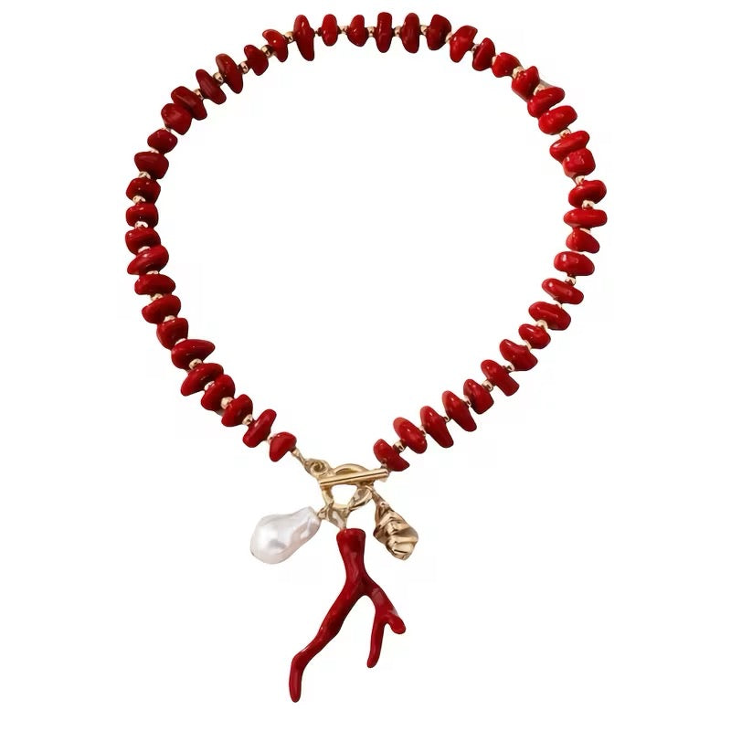 NECKLACE  RED CORAL ACRYLIC BEADS, GOLD SPACERS AND PEARL 17 INCHES  1 PC