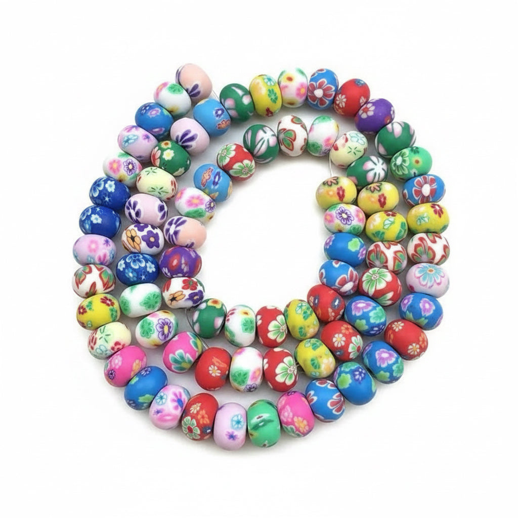 POLYMER CLAY RONDELLE 8MM MULTI PRINT ABOUT 60 BEADS PER 1 STRAND