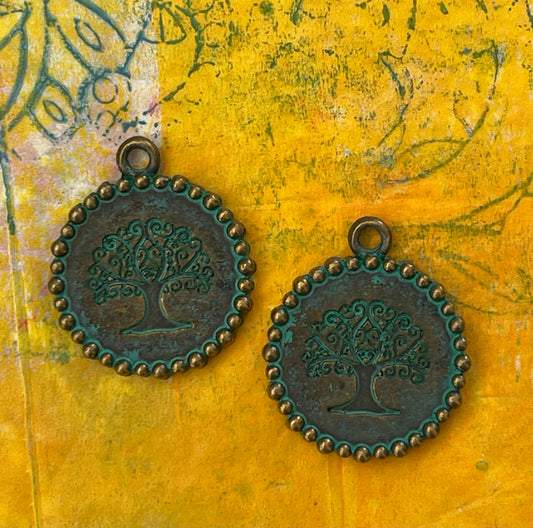 CHARM TREE OF LIFECIRCLE GREEN PATINA ANTIQUE BRONZE 25 MM 2 PC