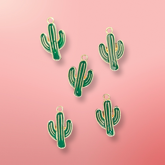 CHARM CACTUS GREEN ENAMEL GOLD PLATE 21 MM 5 PC