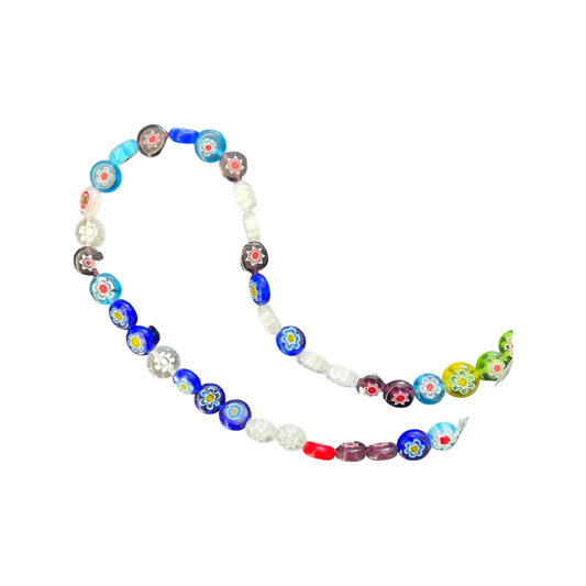 MILLEFIORE GLASS ROUND FLAT 8X3MM MIX COLORS 1 STRAND