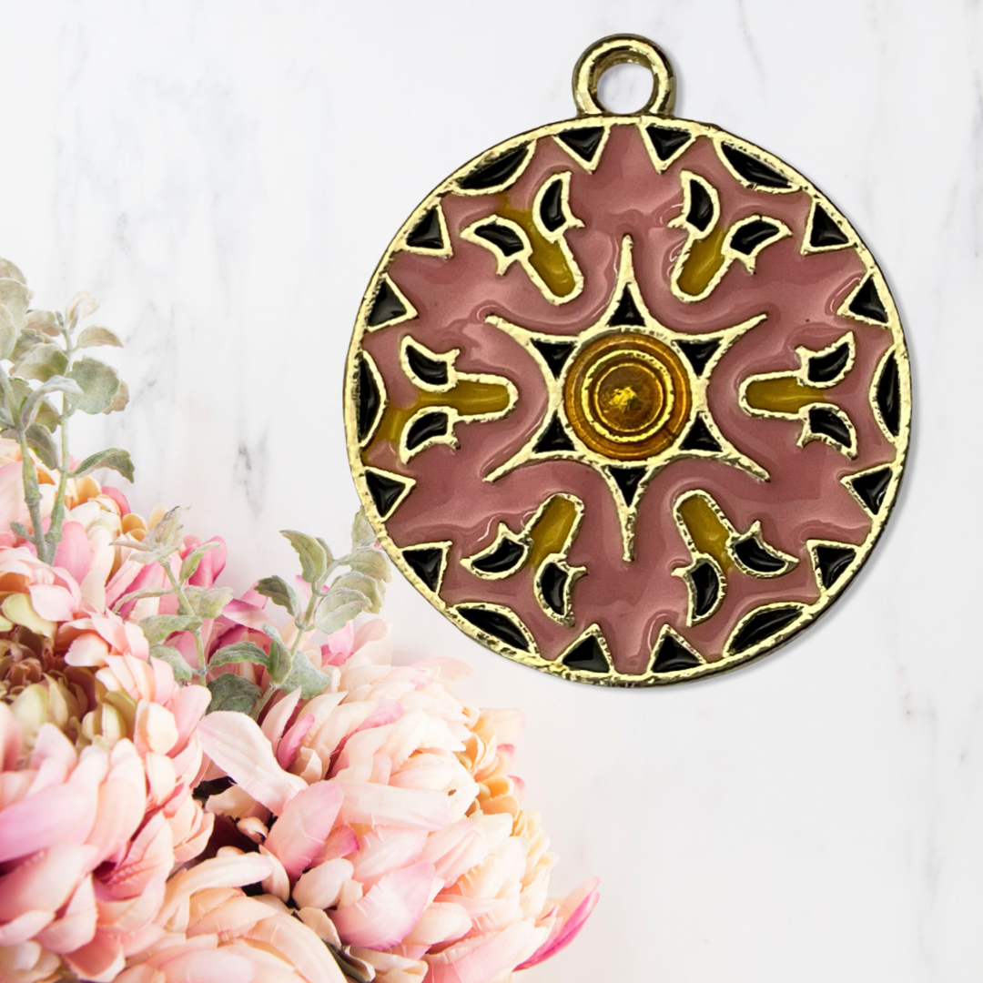 CHARM ROUND BAROQUE FLOWER 20MM PINK ENAMEL 1 pc