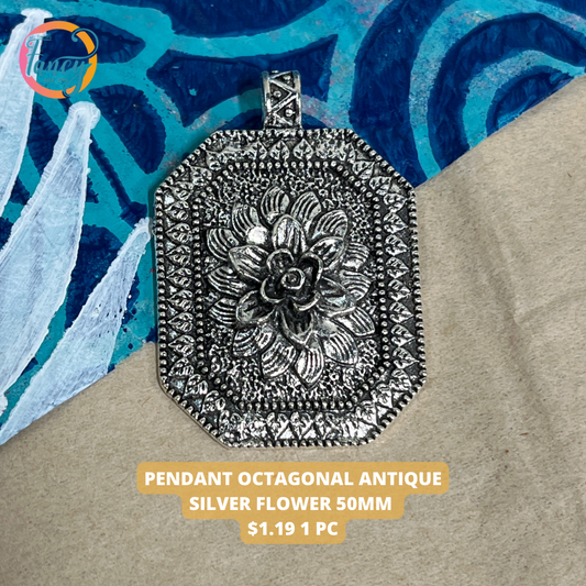 PENDANT  OCTAGONAL ANTIQUE SILVER FLOWER 50MM 1 PC