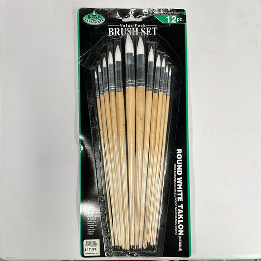 BRUSH SET FLAT AND ROUNDS WHITE RIGID BRISTLE ROYAL LANGNICEL 12 PC