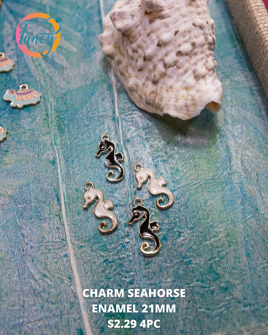 CHARM SEAHORSE ENAMEL BLACK OR WHITE 21MM 4PC