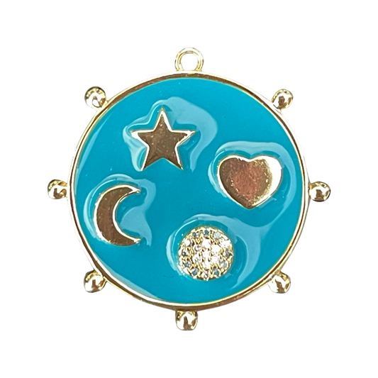 PENDANT ENAMEL ROUND CZ PAVE MOON /HEART  1 PC