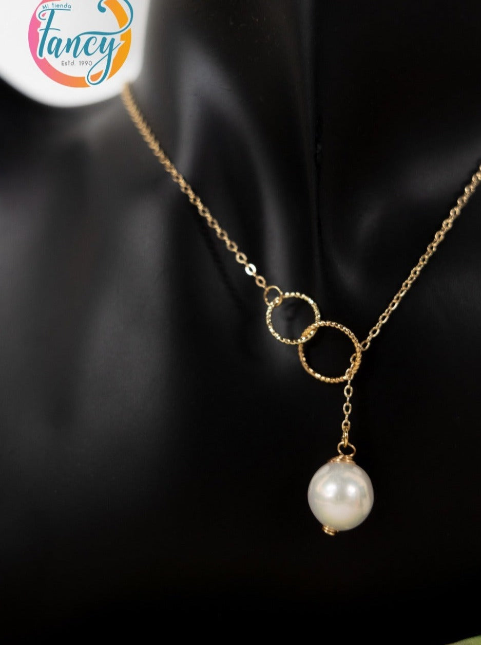 NECKLACE LARIAT STAINLESS STEEL GOLD PLATE WITH PEARL 17INCH